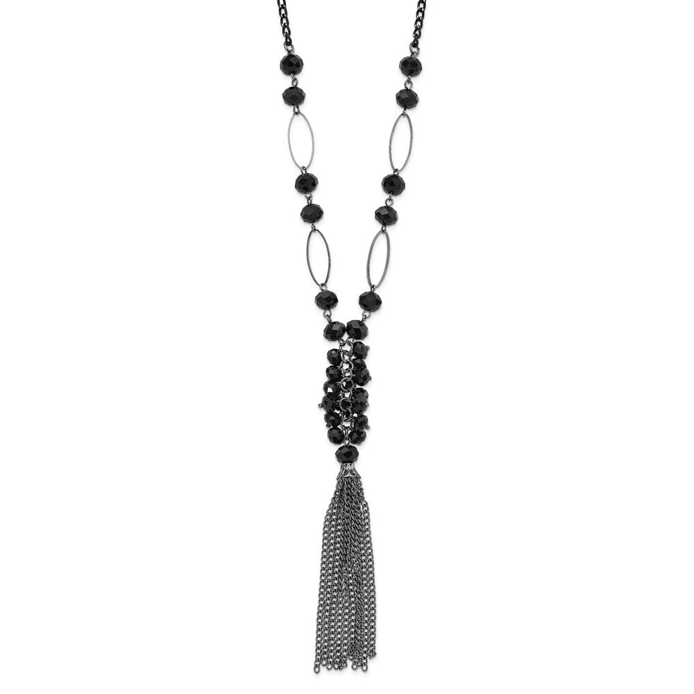 1928 Link Jet Black Faceted Acrylic Beaded Cluster 28" Tassel Necklace
